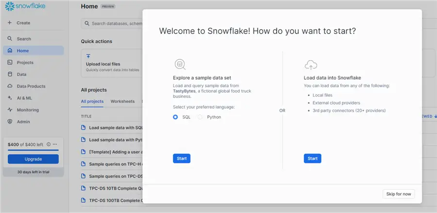 snowflake welcome screen with starting options