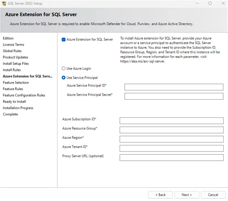 sql server 2022 azure extension for sql server screen