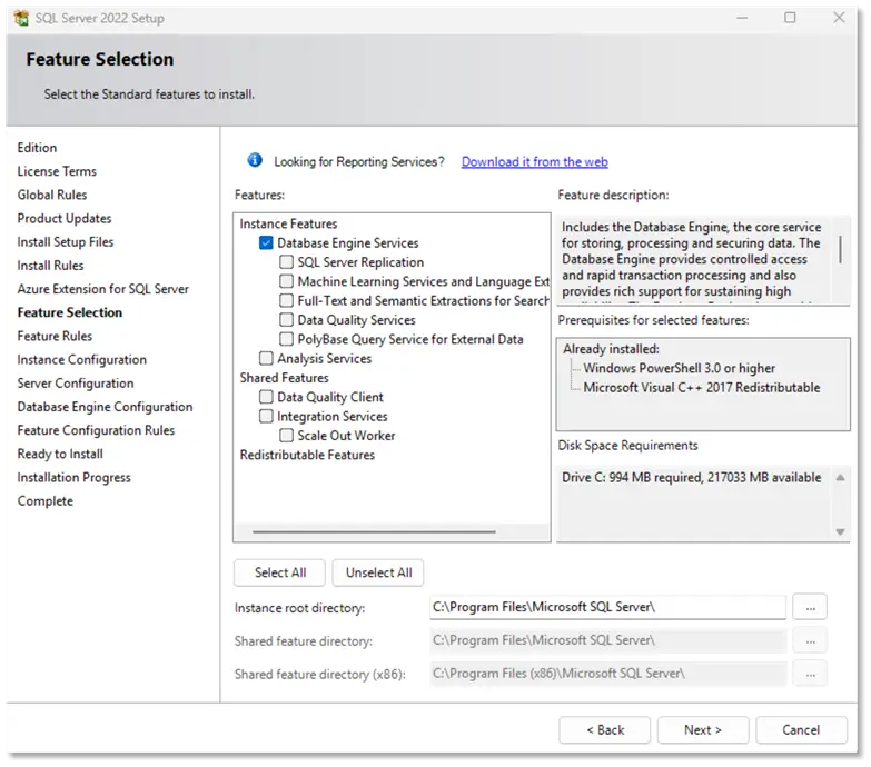 sql server 2022 feature selection screen