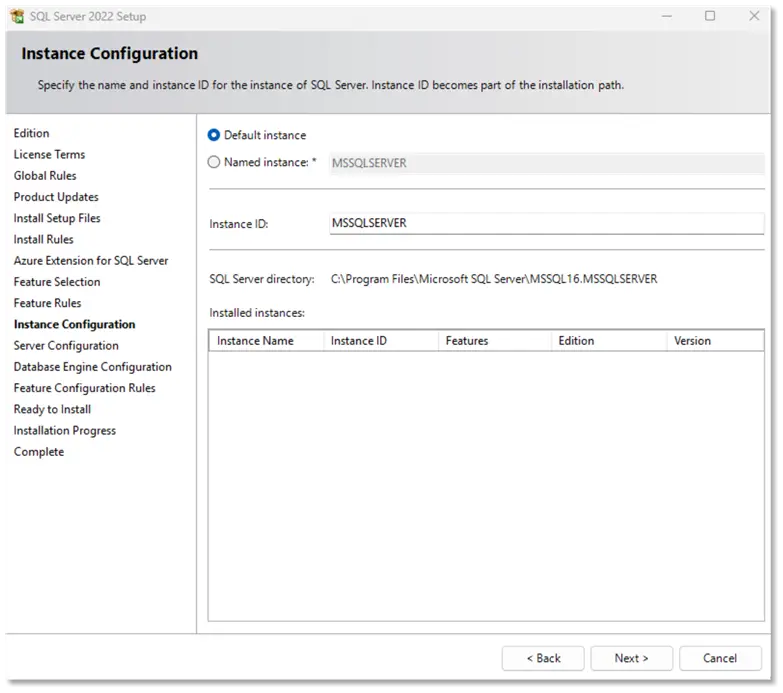 sql server 2022 instance configuration screen
