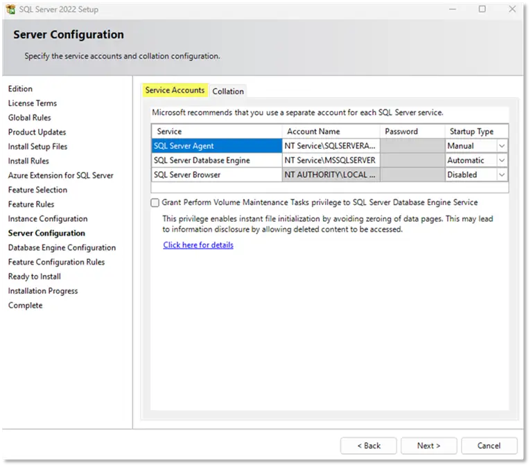 sql server 2022 server configuration screen