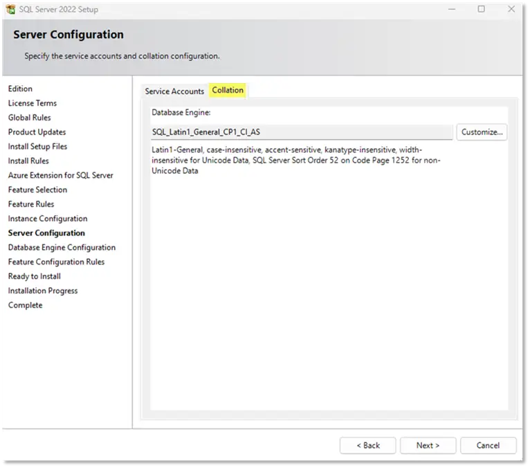 sql server 2022 collation screen