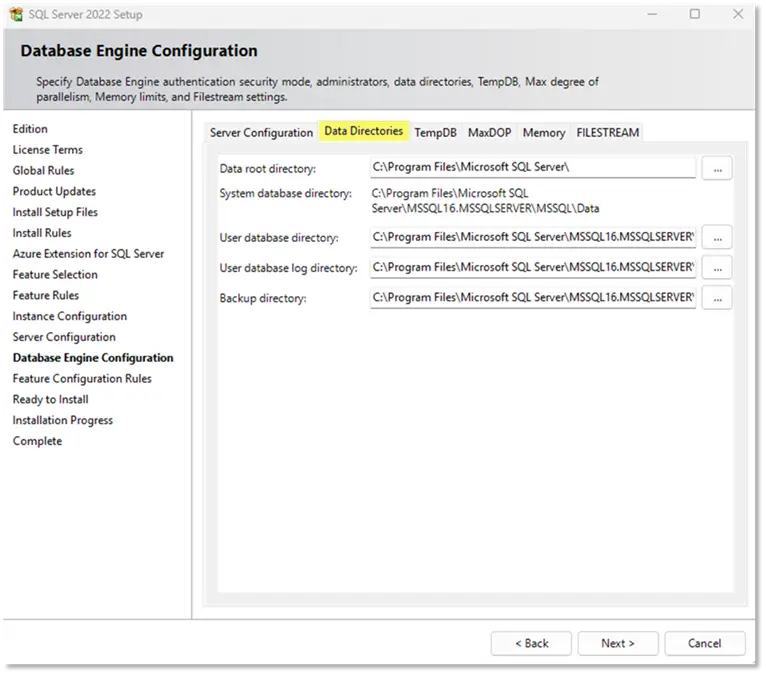 sql server 2022 data directories