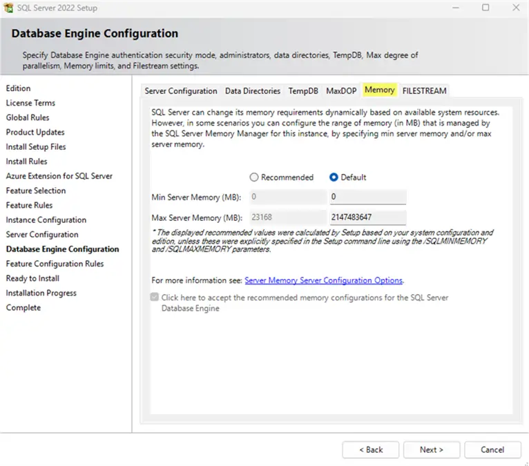 sql server 2022 memory