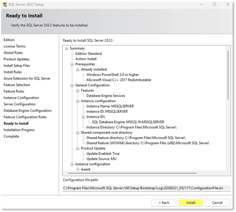 sql server 2022 ready to install screen