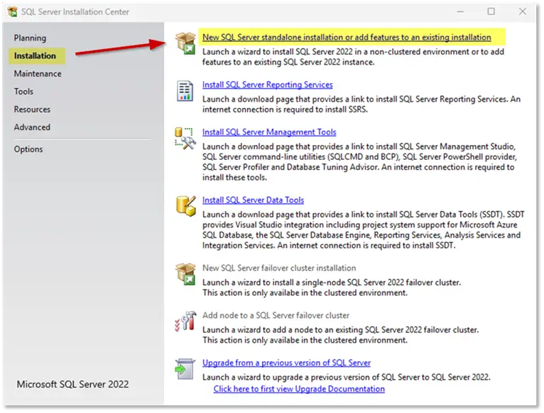 sql server installation center