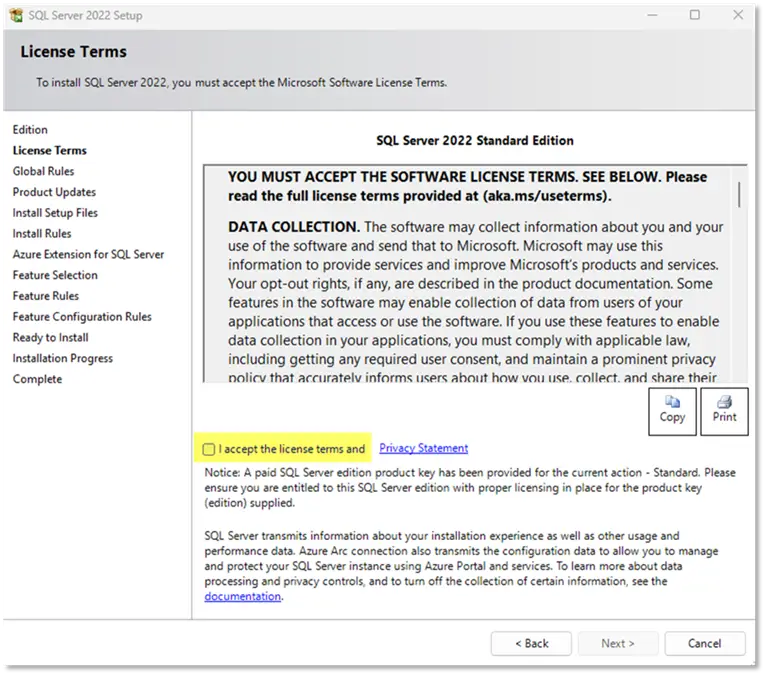 sql server 2022 license terms screen