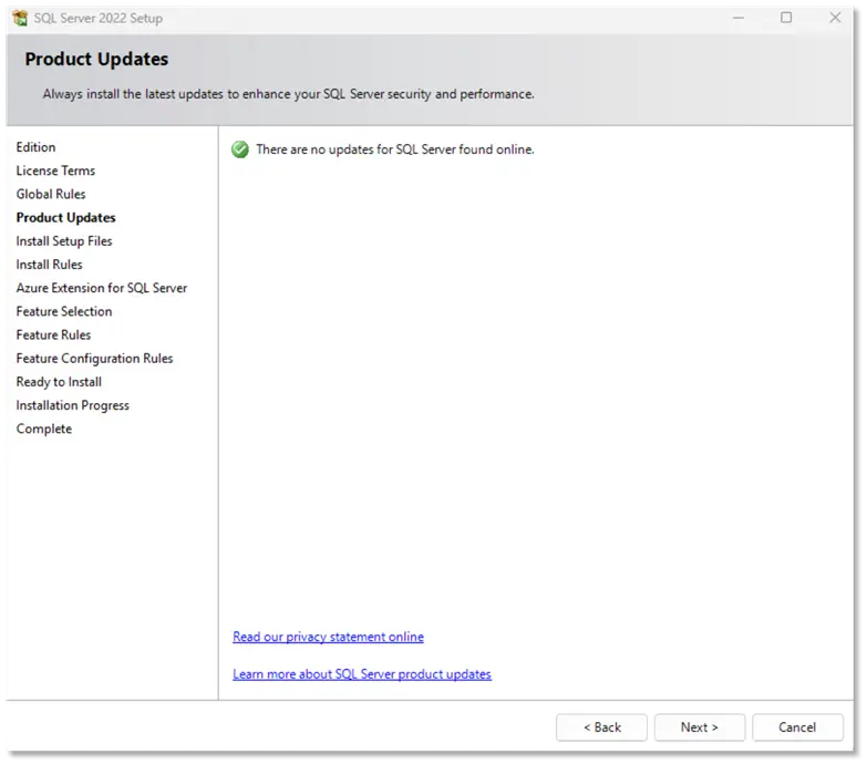 sql server 2022 product updates screen