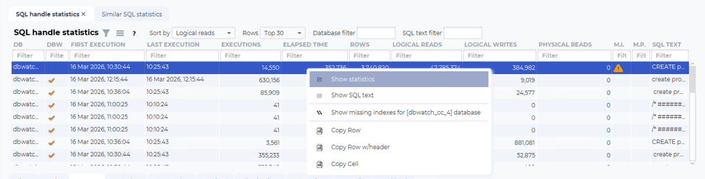 dbWatch SQL Handle Statistics