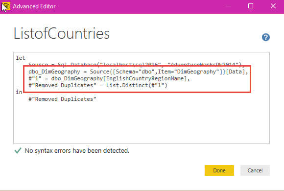 Advanced Editor for the ListofCountries query in Power BI