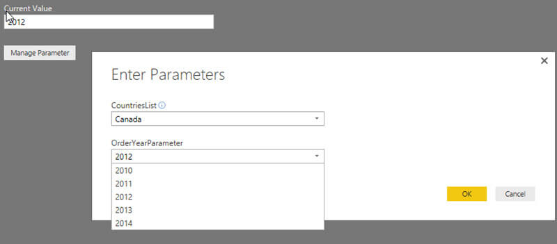 Edit Parameters CountriesList and OrderYearParameter in Power BI