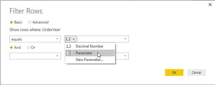 Filter 2 is row filtering for the parameter in Power BI