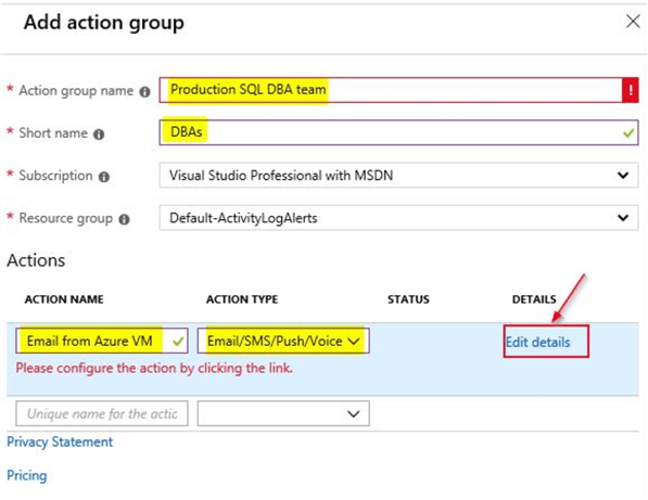 azure service health alerts add action group
