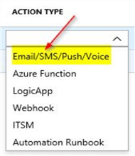 azure service health alerts select action type